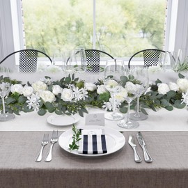 DearHouse 2Pcs Artificial Peony Flower Garland and - Silk Peony Garland with Flowers and Eucalyptus for Wedding Party Table Decoration,6ft/Strand (White)