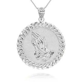 Claddagh Gold Sterling Silver Praying Hands Cuban Link Round Frame Pendant Necklace, 18"