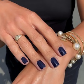 KQueenest Acrylic Press on Nails Short Square, Dark Blue False Nails Short Coffin, Glossy Natural Solid Color Small Fake Nails Set, Reusable Gel Stick on Nail for Women Finger Daily Wear 24 Pcs