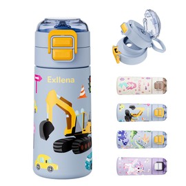 Exllena 400ml Stainless Steel Water Bottle Kids with Pop-Open Soft Straw & Spout 2-in-1 Lid, Kids Metal Water Bottle Leak Proof for Cold&Hot Drinks, BPA-Free, Ideal for Boys Toddler Girls(Car)