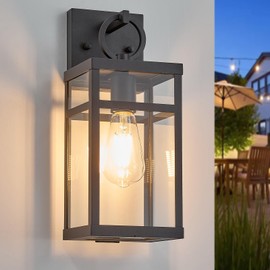 14 Inch Small Insect-Proof,Mosquito-Proof&Waterproof Exterior Wall Light, Traditional Black Anti-Rust Outdoor Lantern Sconce, Bottom Closed Clear Tempered Glass for Front Door Garage Porch Patio House