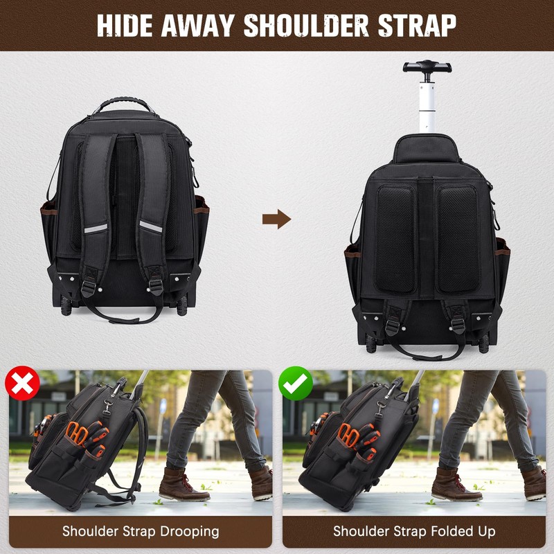 Rolling Tool Backpack Heavy Duty, 43 Pockets Tool Backpack with
