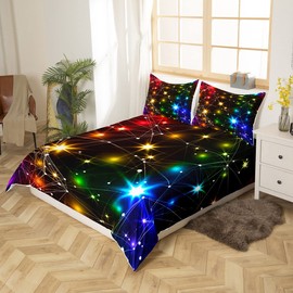 Neon Lights Pattern Duvet Cover King Size Glitter Colorful Star Print Soft Breathable Bedding Set Modern Geometric Lines Comforter Cover for Kids Teen Boys Girls Home Bedroom Decor