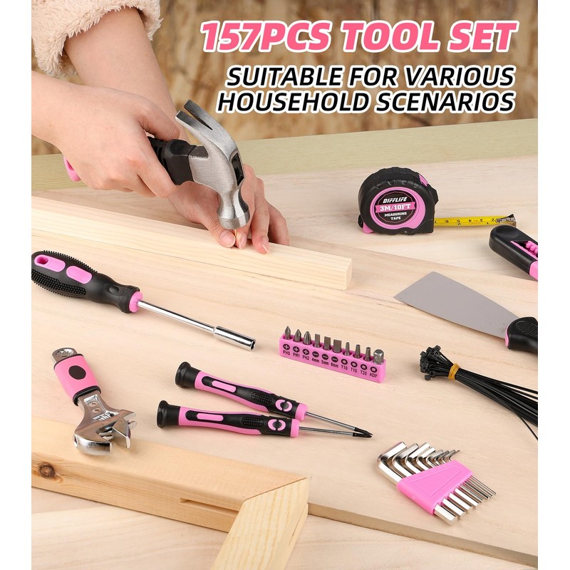 DIFFLIFE 157 Piece Pink Tool Set, Lady's Home Repairing Tool