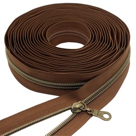 YaHoGa #5 Antique Brass Metallic Nylon Coil Zippers by The Yard Bulk Brown Tape 10 Yards with 25pcs Sliders for DIY Sewing Tailor Craft Bag (Brown New), NZ55-antique-brass-new
