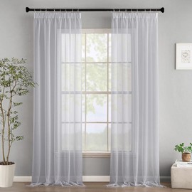 Woaboy Curtains with Ruffle Tape, Voile Curtains, Living Room, Transparent Sheer Curtains, Store Curtain, Bedroom, Modern Loop Curtains, Set of 2, 140 x 245 cm (W x H), Grey