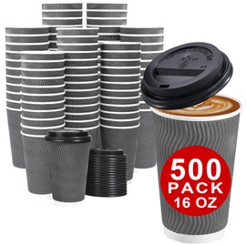 Lamosi 500 Pack - 16 oz Insulated Disposable Coffee Cups with Lids, To Go Paper Coffee Cups with Lids, Corrugated Ripple Wall Cup for Hot Drink Office Coffee Bar (Grey)