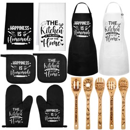 Bencailor 13 Pcs Kitchen Accessories Set, Dish Hand Towels Kitchen Apron Oven Mitts and Pot Holders Sets Rustic Vintage Wooden Spoons Black White Dishcloths for Home Decorations Gifts