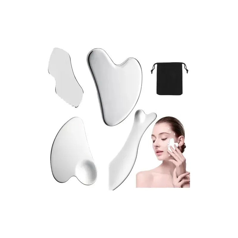 4 Herramientas Faciales Gua Sha De Acero Inoxidable, Set De
