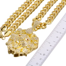 Celeb Style Rapper Full Iced Hip Hop14K Gold Plated Iced Out Lion Head Pendant 30" Heavy Cuban Chain Necklace HC 6037 G