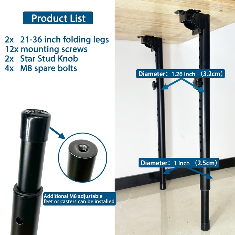 Benbuoo Folding Adjustable Table Legs 21 to 35 inch, Metal