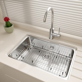 Large Sink Rack 28.4" X 14.3",Metal Sink Protector for Kitchen Sink with Strainer,Stainless Steel Sink Grid for Bottom of Sink,Sink Grate with Corner Radius 0.5" and Rear Drain for Single Bowl,1 pack