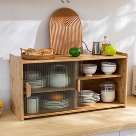 Tiita Tiita Small Kitchen Pantry Cabinet, Bamboo Wall Sideboard with Glass Doors, Cupboard Food Pantry Cabinet for Kitchen, Living Room and Dinning Bedroom