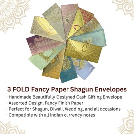 Vanya Creations Pack of 10, Fancy Paper Rectangle Shape 3 Fold Designer Shagun Envelopes for Gifting Money Cash Sagan Lifafa Wedding, 19 X 9 cm, Mix Color Designs