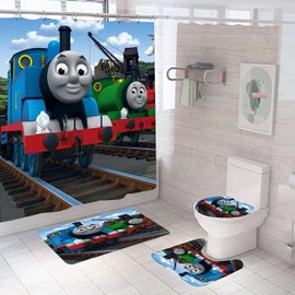 The Train Bathroom 4 Pieces Set Shower Curtain, Toilet Lid Cover and Bath Mat, Non-Slip Rugs, Durable and Waterproof, for Bathroom Decor Set, 72" x 72"