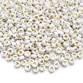 600pcs White Gold Acrylic Heart Beads Kit,4x7mm Gold Heart Shaped Beads Flat Round Spacer Beads Plastic Loose Beads for Jewelry Making,DIY Bracelets, Necklaces, Keychains