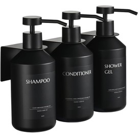 JANXIN Shampoo and Conditioner Dispenser Set of 3 for Wall Mount,16.9 fl oz Drill Free Shower Soap Bottles with Labels,Refillable Body Wash Dispensers for Bathroom Decor (Black Bottles +Black Pumps)