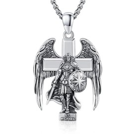 S925 Sterling Silver Saint Michael Archangel Cross Pendant Necklace Unisex Spiritual Jewelry for Men & Women - color: Silver