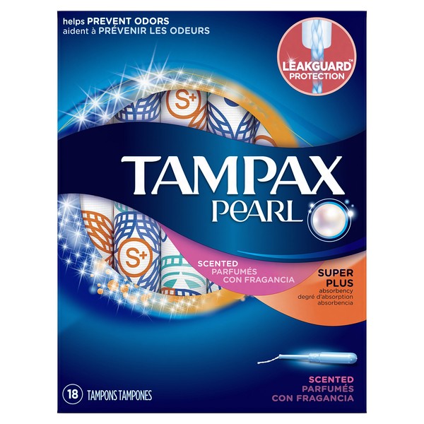 Tampax Pearl Tampons with Plastic Applicator, Super Plus Absorbency, Scented, 18 Count - Pack of 12 (216 Count Total)