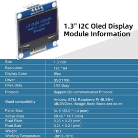 OLED Display Module Binghe 3 Pcs 1.3" LCD with OLED Display with Blue Character Display I2C IIC OLED Display 128x64 Pixels SSH1106 Chip Compatible with Arduino with Raspberry Pi