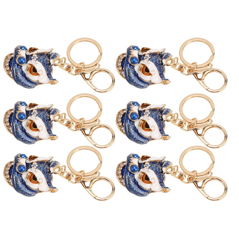 6pcs Lion Dance Keychains Cute Funny Exquisite Metal Rhinestone Chinese