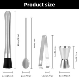 RUCUDIM Stainless Steel Cocktail Muddler with Cocktail Spoon, Bartender Set, Mojito Masher, Ice Crusher, Masher, Cocktail Muddler, Shaker with Measuring Cup, Bar Accessories for Kitchen, Bar,