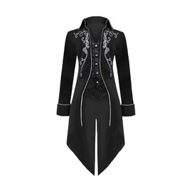 YORDET Men's Medieval Steampunk Tailcoat Jacket Gothic Coat Victorian Yard Embroidery Coat Renaissance Retro Party Vampire Cosplay Costumes for Adults (Black, L)