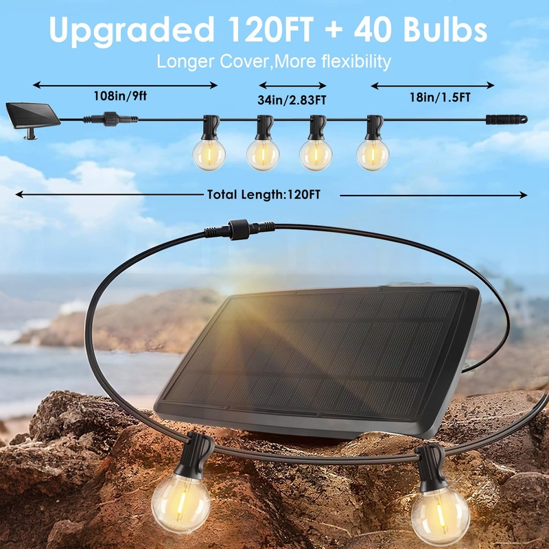 Yusist 120FT Solar String Lights Outdoor Waterproof with Remote, G40