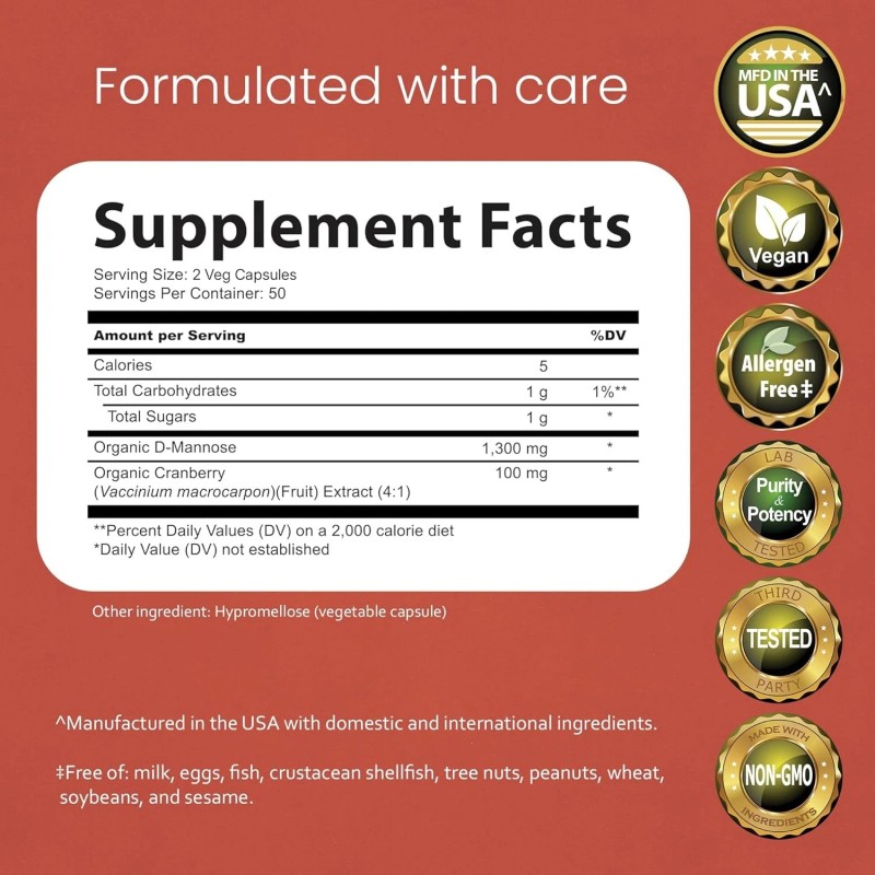NaturaLife Labs Organic D-Mannose 1300 mg with Organic Cranberry Extract