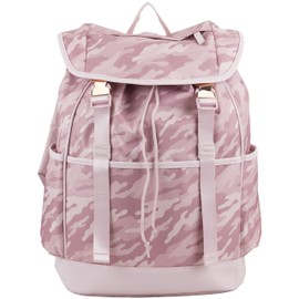 FUEL Drawstring Water Resistant Multi-Pocket Travel Backpack Daypack Everyday Bag With Double Metal Buckle Closure, Pink Camo/Rose Gold