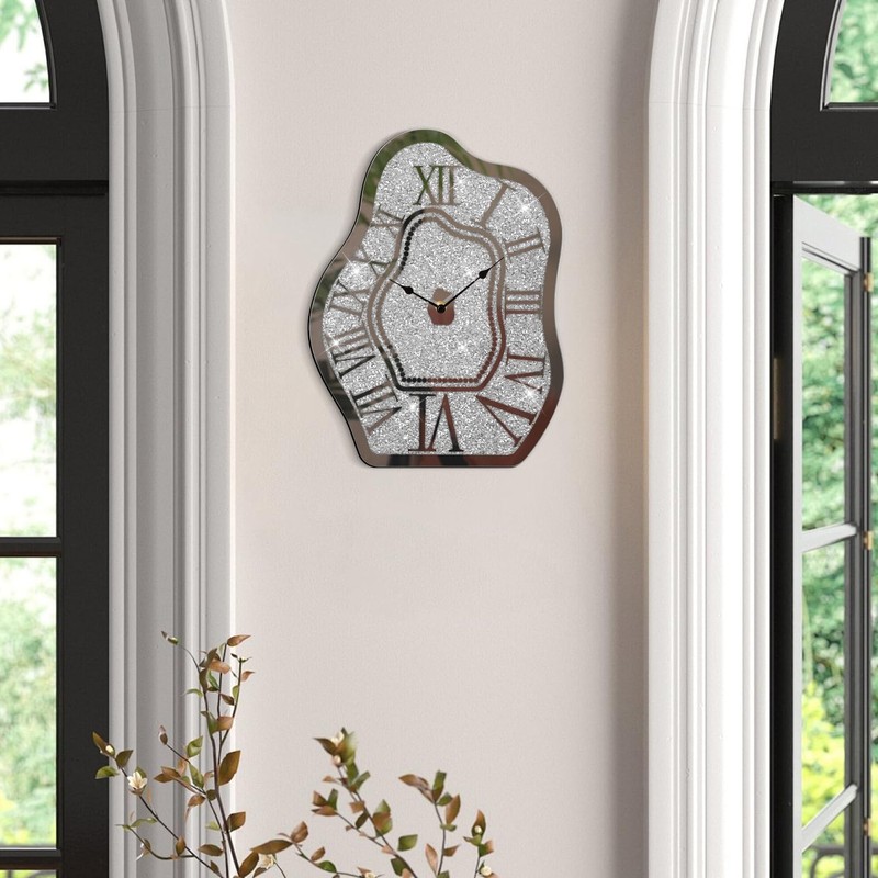 FEUFOAM Modern Wall Clock for Living Room Decor Silver Crystal
