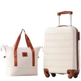 Merax Luggage Sets 20 IN Hardside Luggage with Travel Bag Suitcase Set with Spinner Wheels(20+bag,Brown+White-1)