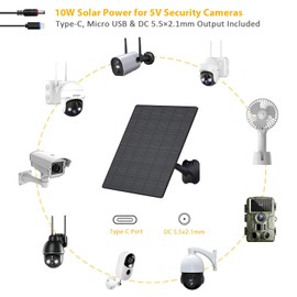 Zivif 10W Solar Panel for Security Camera, 5V Solar Panel Charger with USB-C Port & DC 5.5x2.1mm Port, 360° Adjustable Mount