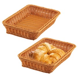CHUIFAI Pack of 2 Poly Wicker Baskets, Rectangular, 35 x 25 x 7.5 cm, Rattan Bread Basket, Braided Bread Basket, Rattan Serving Basket for Kitchen