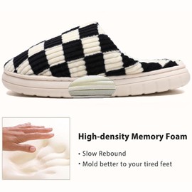 Waysoland Slippers for Men and Women, Fluffy Plush Slippers Made of Memory Foam, Checked, Non-Slip Sole, Fur Lining, for Bedroom, Winter Slippers for Indoor & Outdoor Use, black