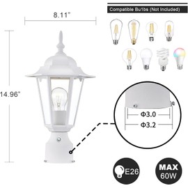 Outdoor Post Lights Dusk to Dawn, Lamp Post Light Fixture with E26 Socket, White Exterior Post Lantern with Clear Glass Shade, Pillar Outside Lighting for Walkway, Anti-Rust & Waterproof