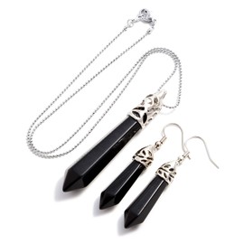 Natural Gemstones Hexagonal Pointed Reiki Chakra Pendant necklace And Earring Set (Black Agate)