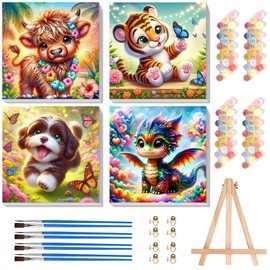 Pujeknm Pack of 4 Animals Painting by Numbers from 5 6 7 Years Girls with Frame, Cow Dog Dragon Tiger Painting by Numbers for Children Acrylic Paints with as a Gift, Medium 20 x 20 cm (Cute Animals)