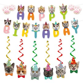 Cat Birthday Banner Cat Birthday Decorations Cats Face Paw Banner Garland Sign and 6PCS Hanging Swirls Pet Cats Themed Bday Party Decorations for Kids Boys Girls Cats Bday Party Supplies Hanging Decor