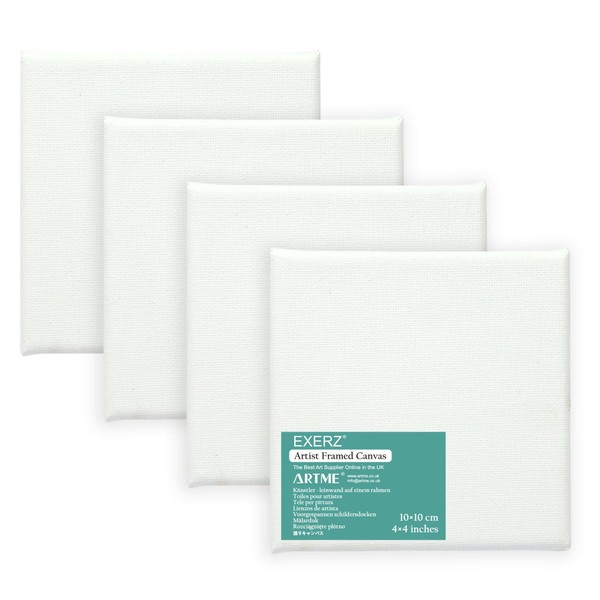EXERZ 10x10cm Stretched Canvas Square Blank 1.7cm 280gsm 100% Cotton Triple Primed Acid Free Medium Grain Acrylic and Oil (10x15cm-4pcs)