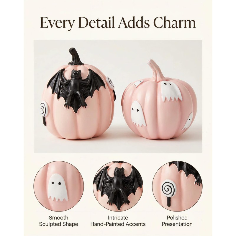 Halloween Decorations Pumpkin Figurines Set of 2, Cute Resin Shelf