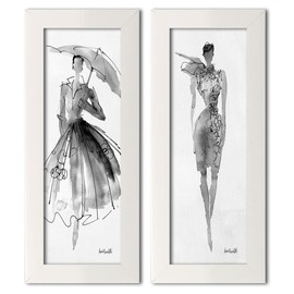 Trendy Runway Fashion Model Sketch Panel Sets by Anne Tavoletti; Two framed 6x18in Prints; Ready to hang!