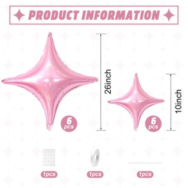 Pink Star Balloons,12Pcs Four Angle Star Foil Balloons,26Inch and 10Inch Pink Quadrangle Helium Polyester Film Balloon for Birthday Anniversary Baby Shower Wedding Party Decorations