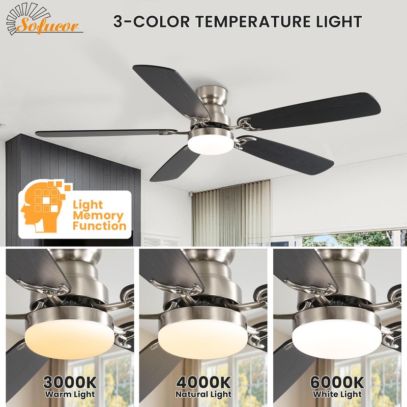 Sofucor 52 Inch Modern Flush Mount Ceiling Fan with Light