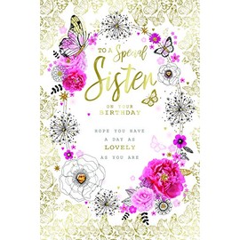 Special Sister Flowers Word & Butterfly Design Happy Birthday Card Lovely Verse