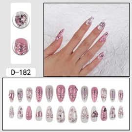 Almond Press on Nails Long Fake Nails Cute False Nails Pink Artificial Nails with Rhinestones Pearl and Heart 3D Butterfly Designs Sparkly Handmade Nails Glitter Stick on Nails for Women 24pcs