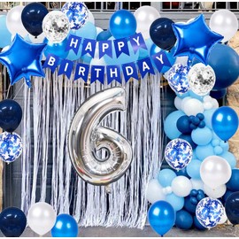6th Birthday Party Decoration Blue for Boys, Happy Birthday Banner Blue Number 6 Birthday Star Foil Balloons Latex Confetti Balloons for Him Boys 6 Years Old Birthday Supplies(6th )