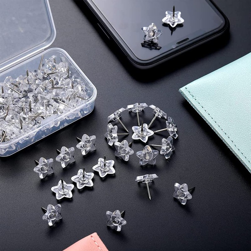 JIHUOO 100 Pcs Star Shaped Push Pins Clear Plastic Thumb
