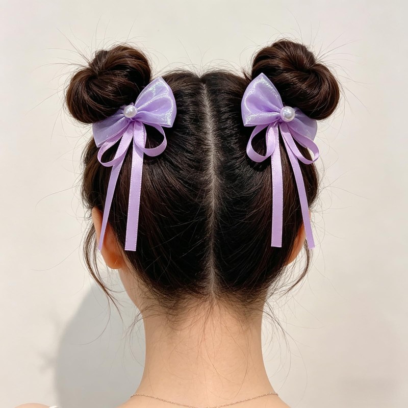 【2 個セット】子供用 蝶々リボン ヘアゴム パープル 可愛い サテンリボン キッズ ヘアアクセサリー 滑り止め