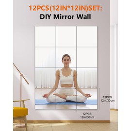 12Pack Acrylic Flexible Mirror Sheets,12x12 Inch Self-Adhesive Mirror Tiles,Square Cuttable Wall Stickers Non Glass Safety Reflective for Home Wall DIY Decor